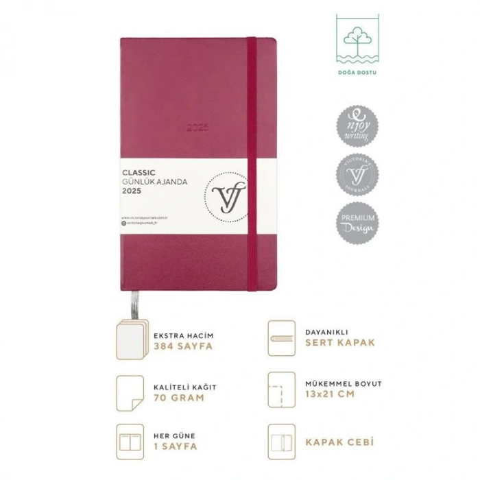 VICTORIAS JOURNALS 124-1449 13X21 CLASSIC LASTİKLİ GÜNLÜK AJANDA -  BORDO