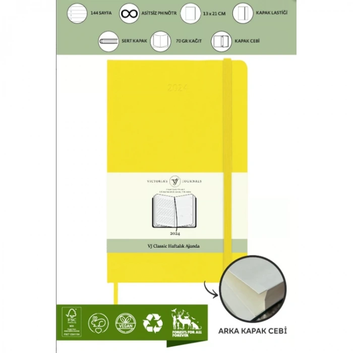 VICTORIAS JOURNALS 9159 13x21cm ESNEK KAPAK LASTİKLİ CEPLİ CLASSIC  HAFTALIK AJANDA - SARI