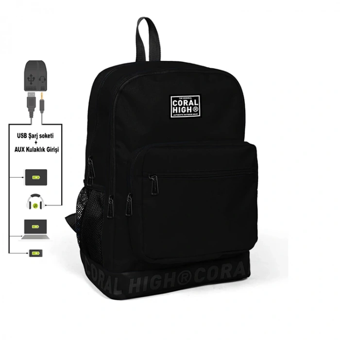 YAYGAN CORAL HIGH 24111 USB + AUX SOKETLİ LAPTOP BÖLMELİ SIRT ÇANTASI SİYAH
