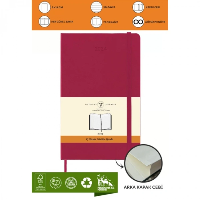 VICTORIAS JOURNALS 9192 9x14cm SERT KAPAK LASTİKLİ CEPLİ CLASSIC GÜNLÜK AJANDA - FUŞYA