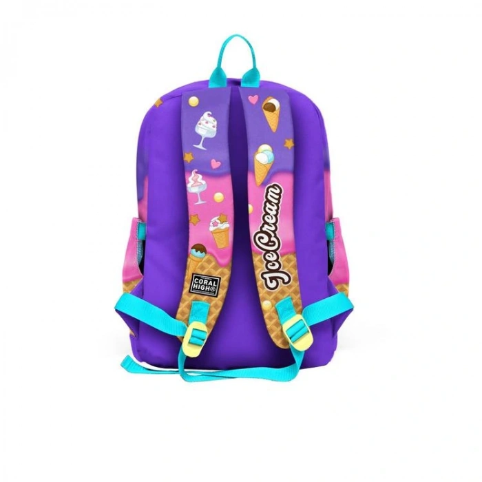 CORAL HIGH 23773 KIDS LİLA TURKUAZ DONDURMA VE ANİME DESENLİ DÖRT BÖLMELİ SIRT ÇANTASI