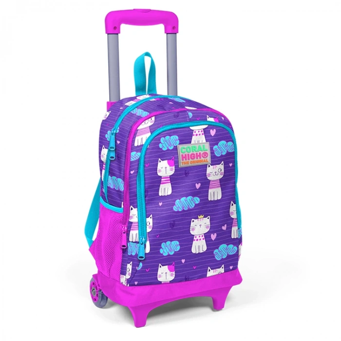 CORAL HIGH 23360 MOR KEDİ DESENLİ IŞIKLI TEKERLEKLİ ÇEKÇEKLİ SIRT ÇANTASI
