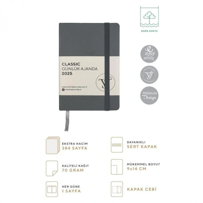 VICTORIAS JOURNALS 124-1490 9X14 CLASSIC LASTİKLİ GÜNLÜK AJANDA A5 - GRİ