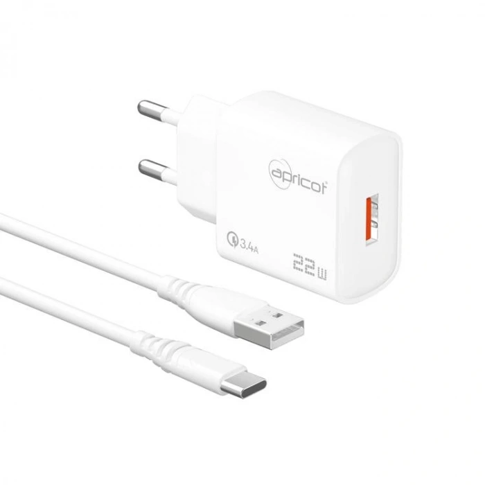 APRİCOT APC-U422T TYPE-C USB-A 22W 3.4A BEYAZ KABLOLU HIZLI EV ŞARJ ADAPTÖRÜ