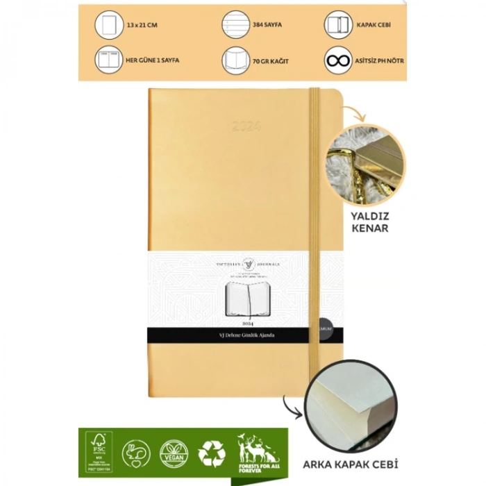 VICTORIAS JOURNALS 9177 13x21cm SERT KAPAK LASTİKLİ CEPLİ DE LUXE GÜNLÜK AJANDA - KENAR YALDIZLI ALTIN