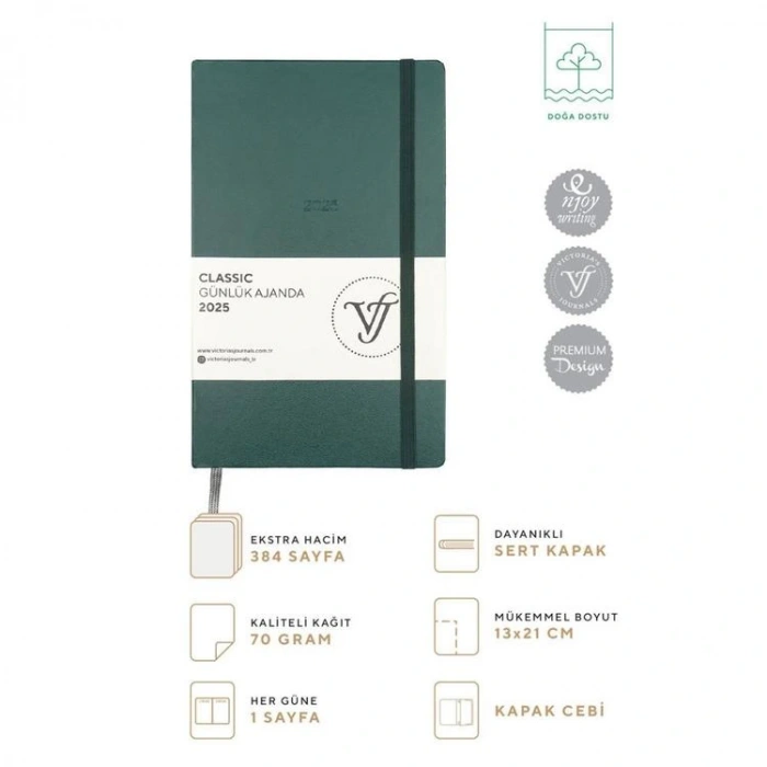 VICTORIAS JOURNALS 124-1450 13X21 CLASSIC LASTİKLİ GÜNLÜK AJANDA - KOYU YEŞİL