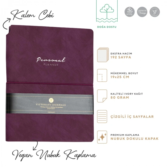 VICTORIAS JOURNALS 1094 KUKA SOFT KAPAK NOTEBOOK 19x25cm 80gr.96YP. ÇİZGİLİ DEFTER MOR