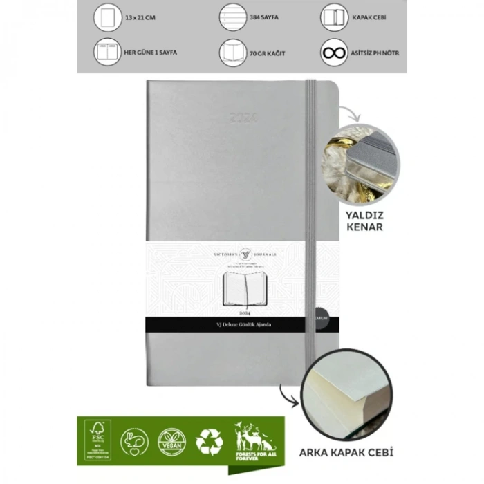 VICTORIAS JOURNALS 9162 13x21cm ESNEK KAPAK LASTİKLİ CEPLİ DE LUXE  HAFTALIK AJANDA - KENARI YALDIZLI GÜMÜŞ