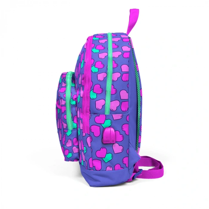 YAYGAN CORAL HIGH 23263 USB + AUX SOKETLİ LAVANTA KALP DESENLİ DÖRT BÖLMELİ SIRT ÇANTASI