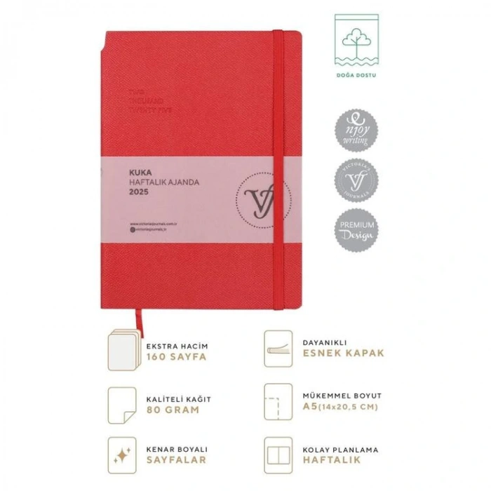 VICTORIAS JOURNALS 124-1430 14X20,5 KUKA HAFTALIK AJANDA A5 - KIRMIZI
