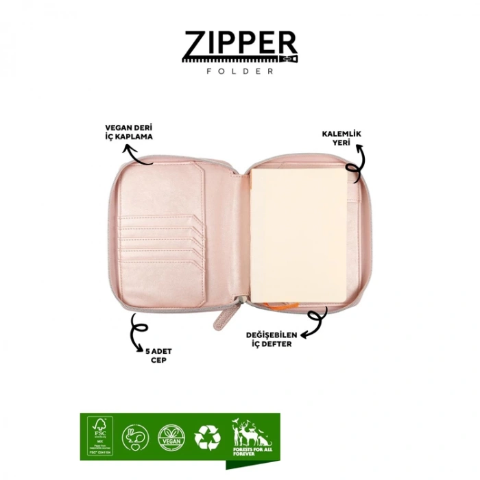 VICTORIAS JOURNALS 0296 KUTULU ZIPPER FOLDER ROSE GOLD 10.5X14.8cm  80YP. ÇİZGİLİ DEFTER