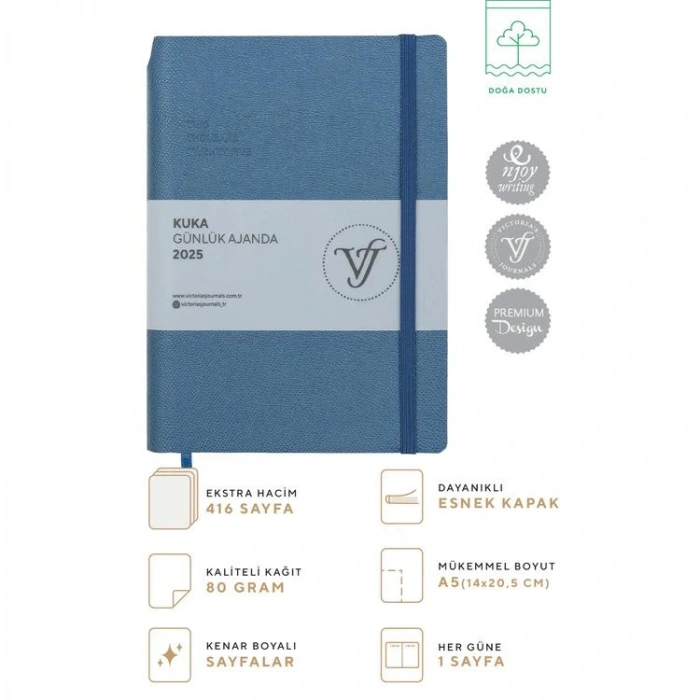 VICTORIAS JOURNALS 124-1469 14X20,5  KUKA GÜNLÜK AJANDA A5 - MAVİ