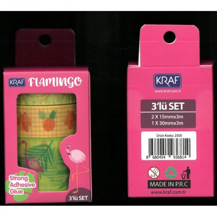 KRAF 2505FL WASHI TAPE FLAMINGO 3 LÜ TEK SET KUTULU DESENLİ BANT  (15mmx3m 2Ad + 30mmx3m 1 Ad)