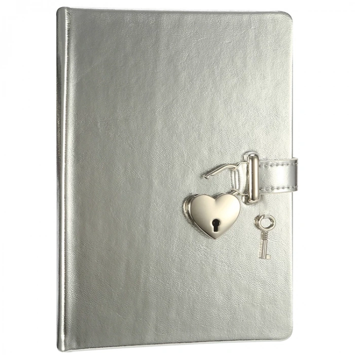 VICTORIAS JOURNALS 1026 13x18cm 80gr.160YP. HUSH-HUSH KUTULU KİLİTLİ ÇİZGİLİ DEFTER METALİK GÜMÜŞ