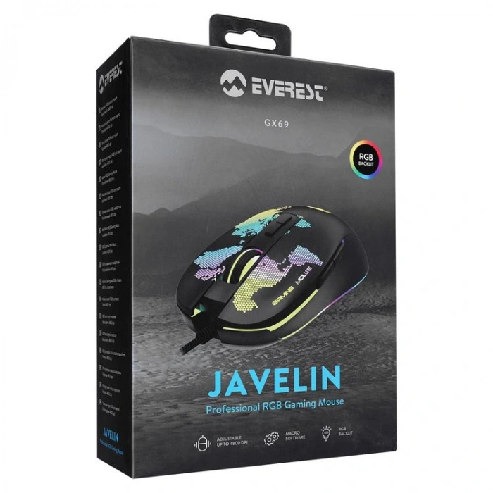 EVEREST GX69 JAVELIN USB RGB LEDLİ 7D OPTİK GAMING OYUNCU MOUSE SİYAH