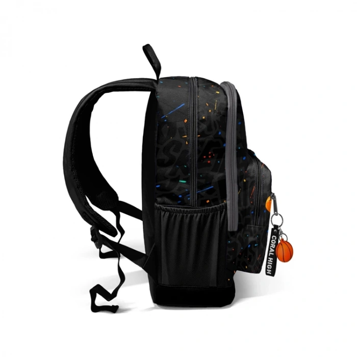 CORAL HIGH 23643 KIDS SİYAH GRİ BASKETBOL DESENLİ DÖRT BÖLMELİ SIRT ÇANTASI