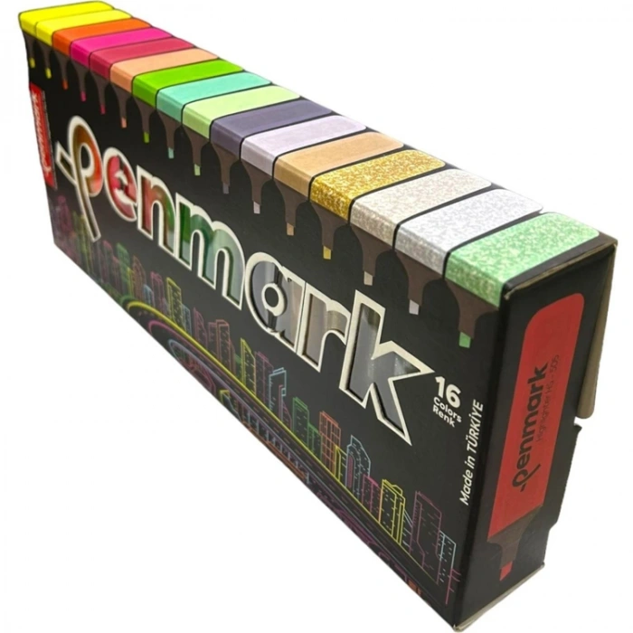 PENMARK HS-505-16S  4 NEON+4 PASTEL +4 TROPİK+4 SİMLİ 16 LI FOSFORLU KALEM SETİ SÜPER KUTU