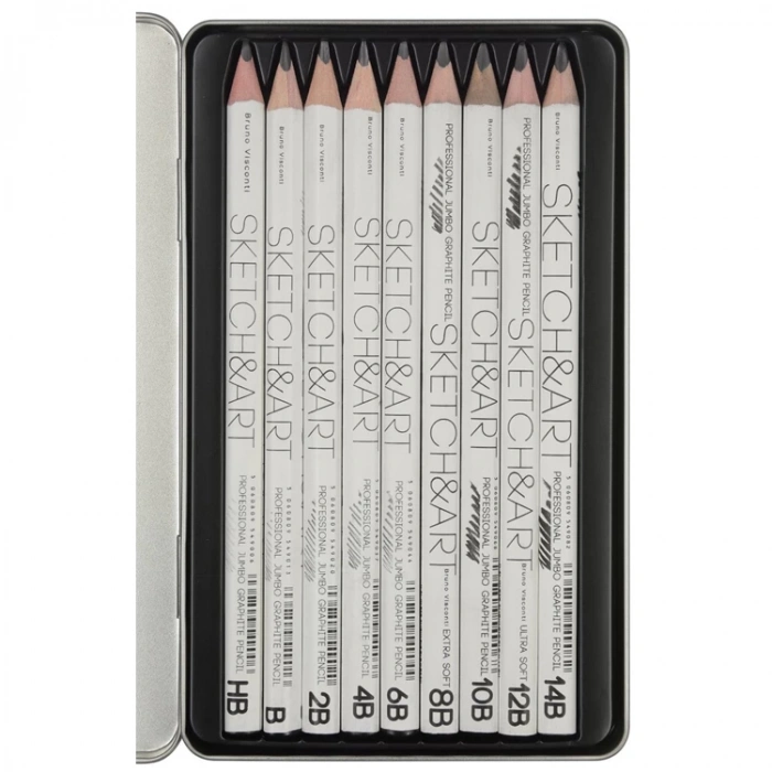 BRUNO VISCONTI 0067 SKETCH&ART 3.5mm JUMBO GRAPHITE DERECELİ KURŞUN KALEM 9LU SET METAL KUTU