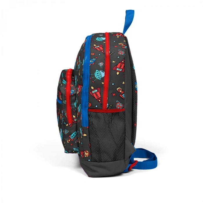 CORAL HIGH 23469 KİDS KOYU GRİ KIRMIZI UZAY DESENLİ DÖRT BÖLMELİ OKUL SIRT ÇANTASI