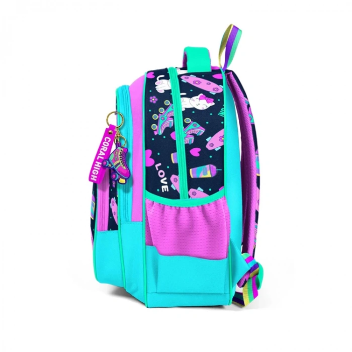 CORAL HIGH 23658 KIDS LACİVERT PEMBE KEDİLİ PATEN DESENLİ ÜÇ BÖLMELİ SIRT ÇANTASI