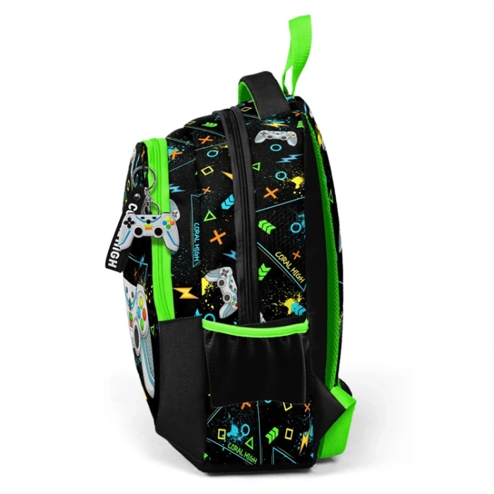 CORAL HIGH 23654 KIDS SİYAH FOSFORLU YEŞİL GAMER DESENLİ ÜÇ BÖLMELİ OKUL SIRT ÇANTASI