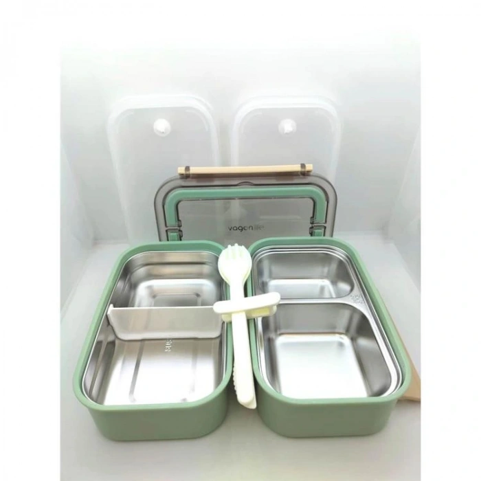 VAGONLIFE BL2221-2 PASLANMAZ ÇELİK YEMEK KABI - LUNCH BOX 2 KATLI 3 BÖLMELİ 1600 ML YEŞİL