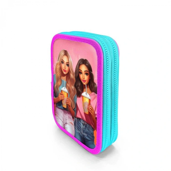 CORAL HIGH KIDS 11141 PEMBE NEON MERCAN FASHION GIRL DESENLİ ÇİFT KATLI KALEM ÇANTASI