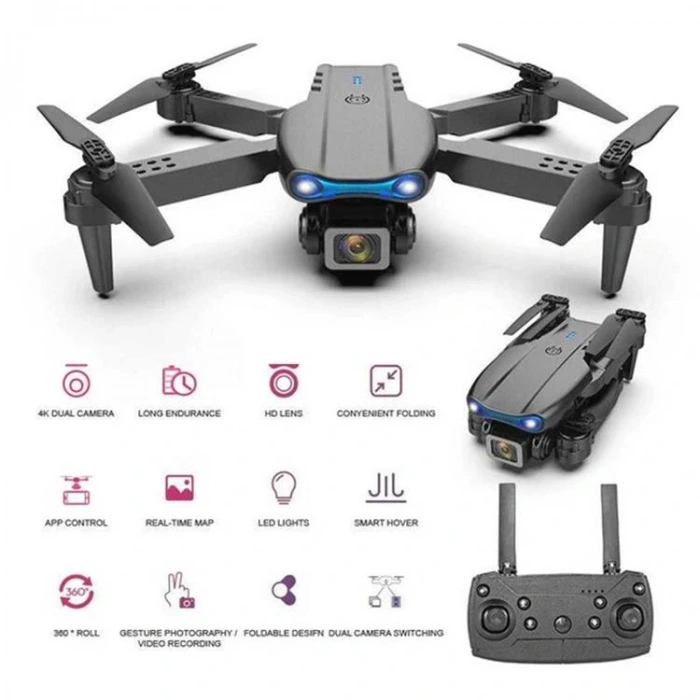 LİMON OYUNCAK E99 DRONE PRO FOTOĞRAF VİDEO ÇİFT KAMERA 4K HD KAMERA IŞIKLI 14+