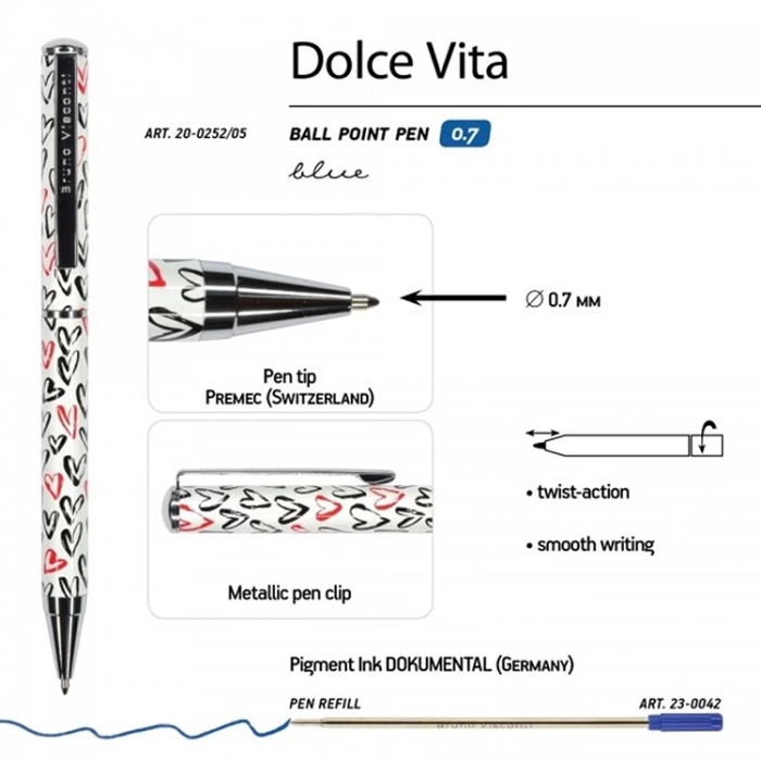 BRUNO VISCONTI DOLCE VITA  0.7mm KUTULU METAL GÖVDE KIRMIZI SİYAH KALPLER TÜKENMEZ KALEM 20-0252/05