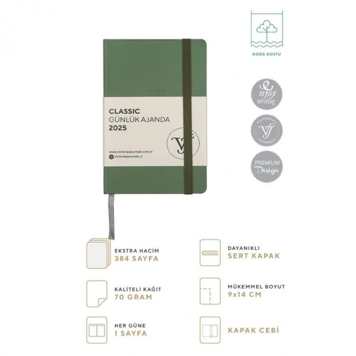 VICTORIAS JOURNALS 124-1487 9X14 CLASSIC LASTİKLİ GÜNLÜK AJANDA A5 - FISTIK YEŞİLİ