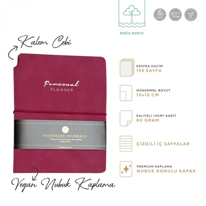 VICTORIAS JOURNALS 1087 KUKA SOFT KAPAK NOTEBOOK 10.5x14.8cm A6 80gr. 96YP. ÇİZGİLİ PLANNER DEFTER FUŞYA