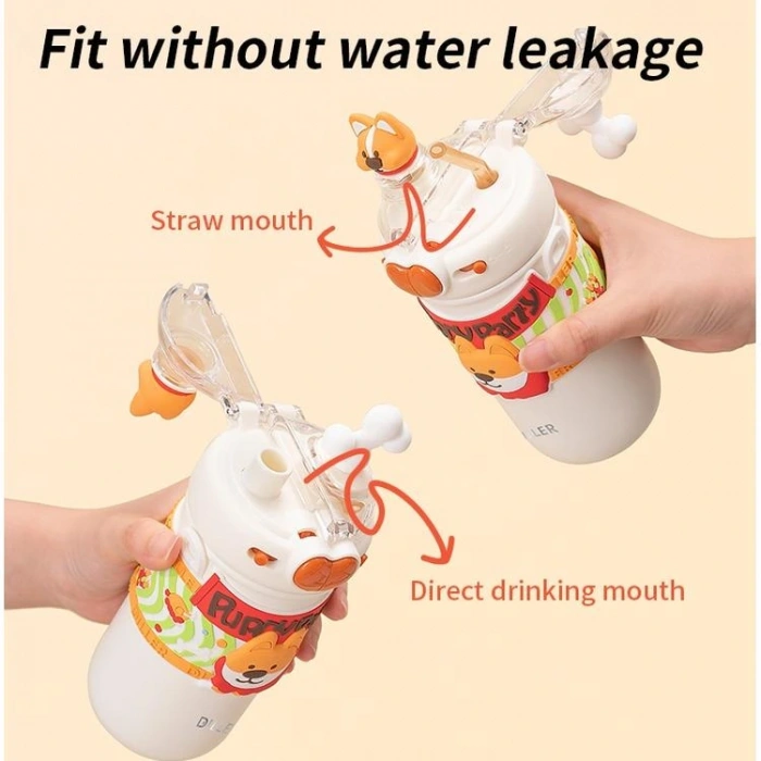 VAGONLİFE DILLER PASLANMAZ ÇELİK PİPETLİ/PİPETSİZ KULLANIM ÇİFT KAPAKLI MATARA/TERMOS D9239 520ML SEVİMLİ KÖPEK