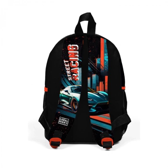 CORAL HIGH 23565 KIDS SİYAH NEFTİ YARIŞ ARABASI DESENLİ İKİ BÖLMELİ MİNİK YUVA SIRT ÇANTASI