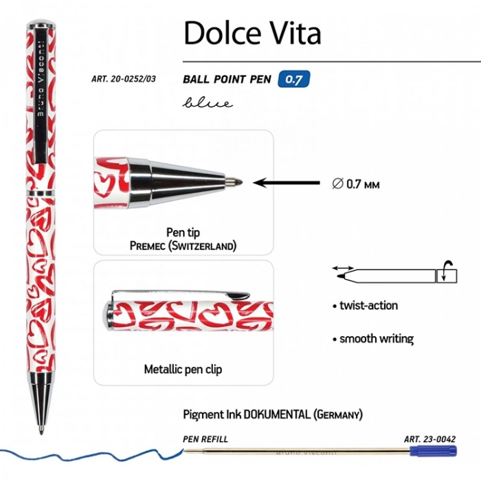 BRUNO VISCONTI DOLCE VITA  0.7mm KUTULU METAL GÖVDE KIRMIZI BEYAZ KALPLER TÜKENMEZ KALEM 20-0252/03