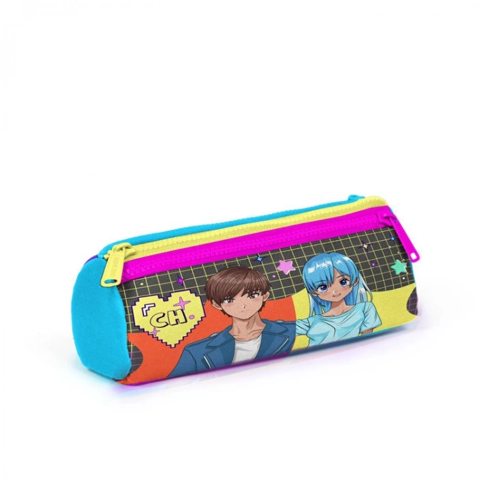 CORAL HIGH 22037 KIDS GRİ MAVİ PEMBE ANİME DESENLİ ÜÇ BÖLMELİ KALEM ÇANTASI