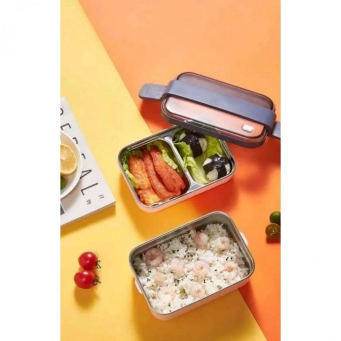 VAGONLIFE BL20183 PASLANMAZ ÇELİK YEMEK KABI - LUNCH BOX 2 KATLI 3 BÖLMELİ 1200 ML BEYAZ-TURUNCU