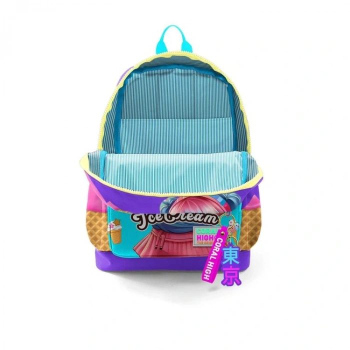 CORAL HIGH 23773 KIDS LİLA TURKUAZ DONDURMA VE ANİME DESENLİ DÖRT BÖLMELİ SIRT ÇANTASI