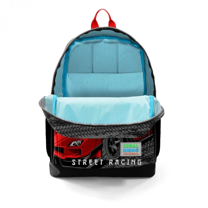 CORAL HIGH 23747 KİDS SİYAH KIRMIZI ANİME ARABA DESENLİ DÖRT BÖLMELİ SIRT ÇANTASI