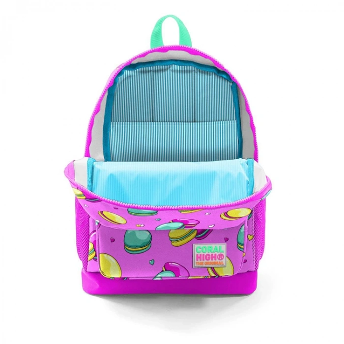 CORAL HIGH 23462 AÇIK PEMBE SU YEŞİLİ MAKARON DESENLİ DÖRT BÖLMELİ OKUL SIRT ÇANTASI