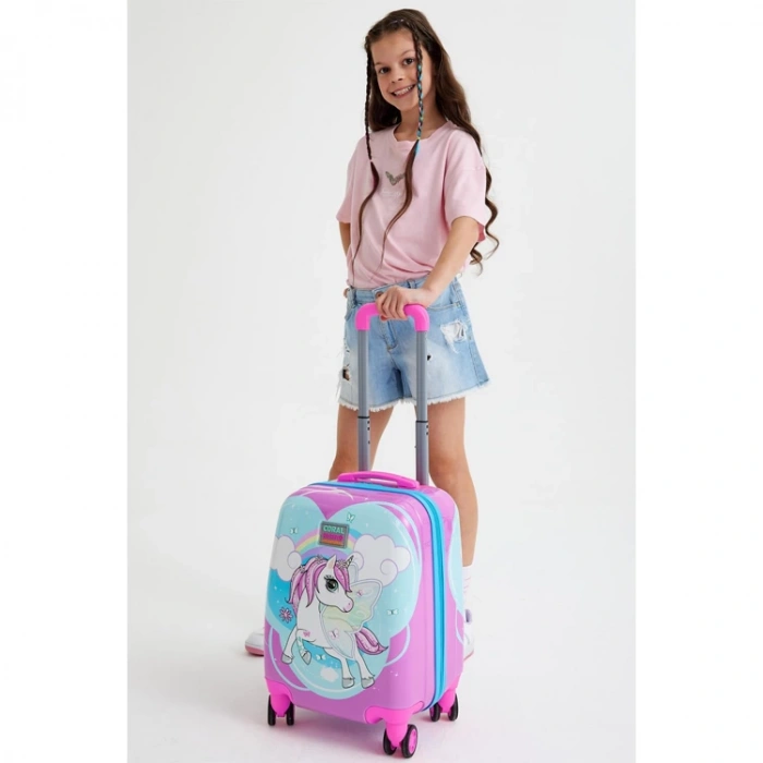 CORAL HIGH 16712 MİNİ MAVİ NEON PEMBE UNICORN DESENLİ VALİZ