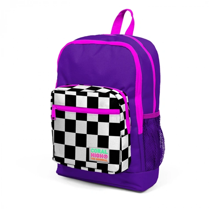 CORAL HIGH 23702 KİDS MOR DAMA DESENLİ DÖRT BÖLMELİ SIRT ÇANTASI