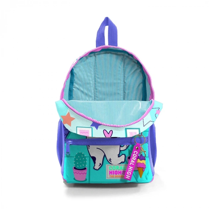 CORAL HIGH 23551 KIDS TURKUAZ PEMBE DONDURMALI KEDİ DESENLİ İKİ BÖLMELİ MİNİK YUVA SIRT ÇANTASI