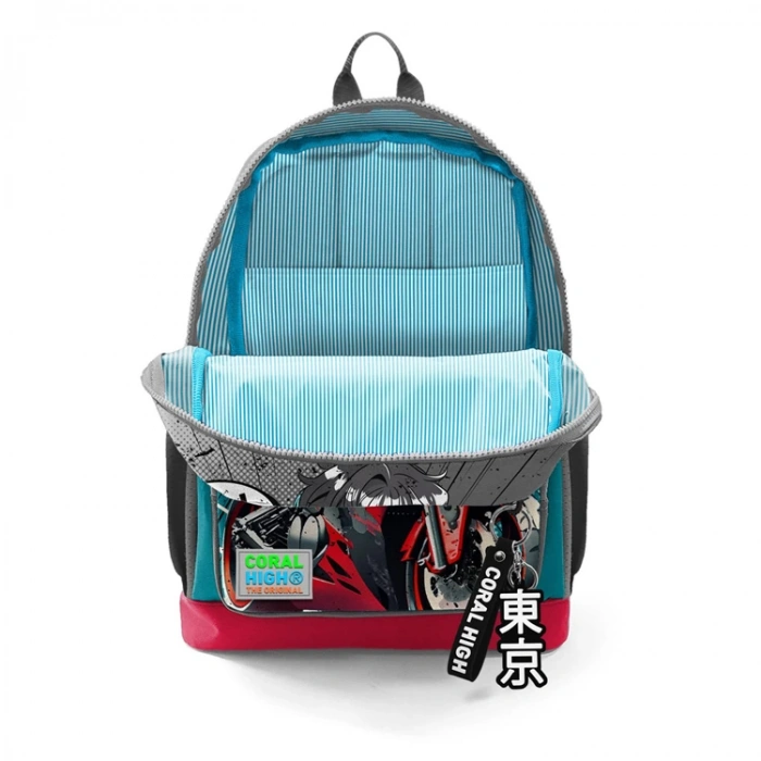 CORAL HIGH 23764 KIDS GRİ NEFTİ ANİME MOTORSİKLET DESENLİ DÖRT BÖLMELİ SIRT ÇANTASI