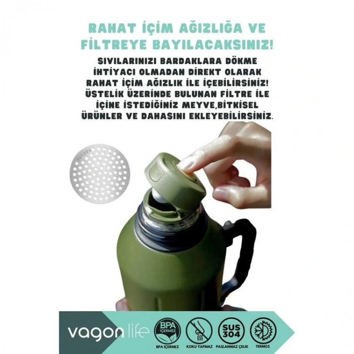 VAGONLİFE HAERS KULPLU PASLANMAZ ÇELİK TERMOS VGN1004 1200 ML MOSS GREEN