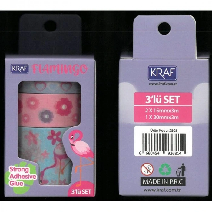 KRAF 2505FL WASHI TAPE FLAMINGO 3 LÜ TEK SET KUTULU DESENLİ BANT  (15mmx3m 2Ad + 30mmx3m 1 Ad)