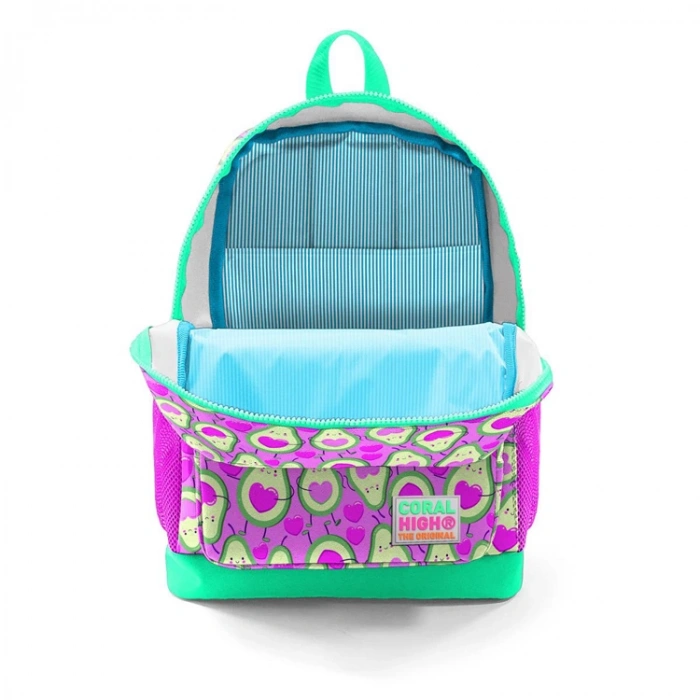 CORAL HIGH 23709 AÇIK PEMBE SU YEŞİLİ AVOKADO DESENLİ DÖRT BÖLMELİ OKUL SIRT ÇANTASI