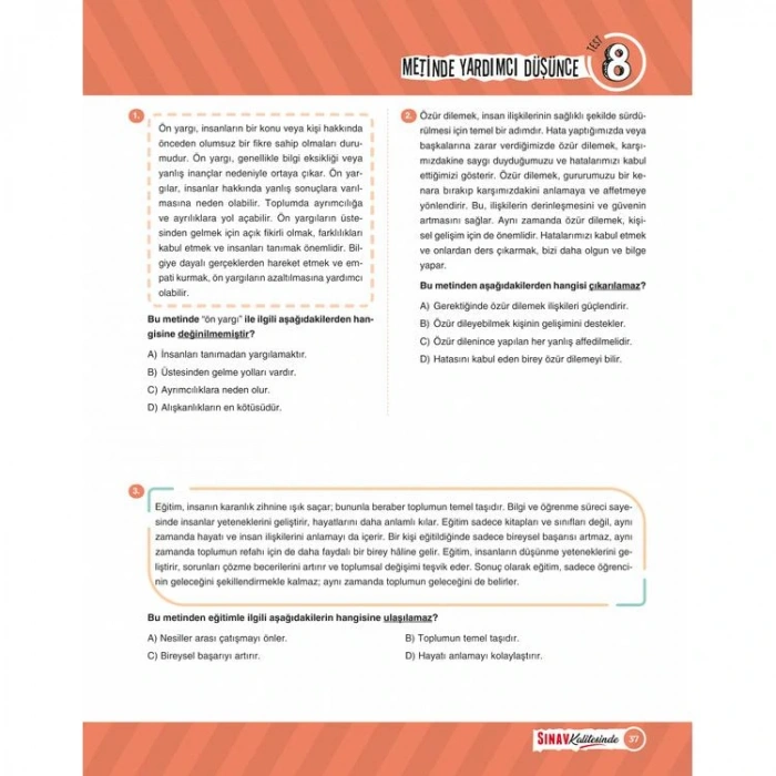 SINAV 6. SINIF SINAV KALİTESİNDE PARAGRAF SORU BANKASI