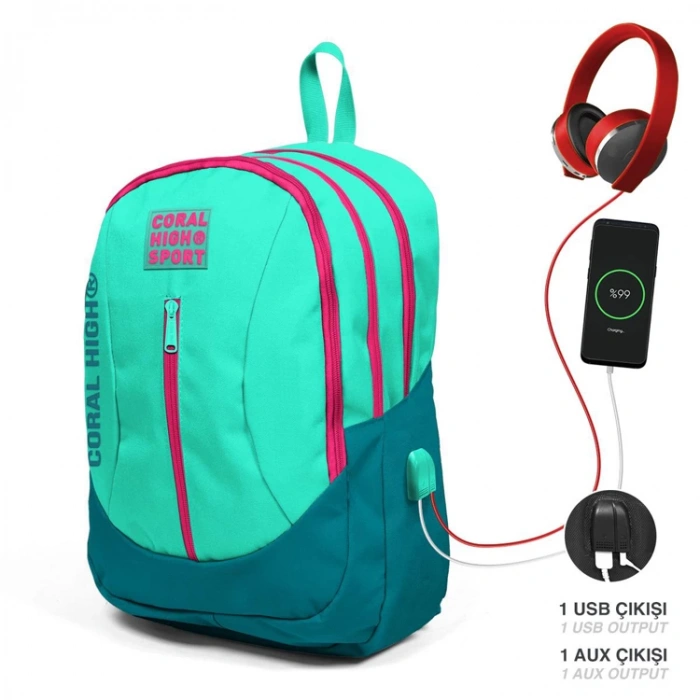 YAYGAN CORAL HIGH 23229 SU YEŞİLİ CİVİT USB + AUX SOKETLİ DÖRT BÖLMELİ SIRT ÇANTASI