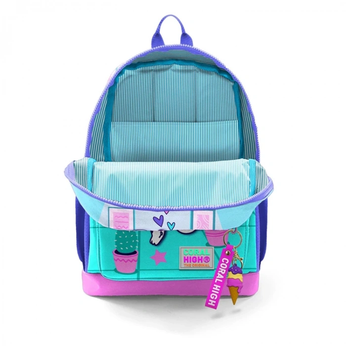 CORAL HIGH 23751 KIDS TURKUAZ PEMBE DONDURMALI KEDİ DESENLİ DÖRT BÖLMELİ SIRT ÇANTASI