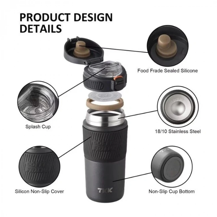 VAGONLİFE  T2001 TKK ÇELİK TERMOS SÜZGEÇLİ MUG 450 ML SİYAH